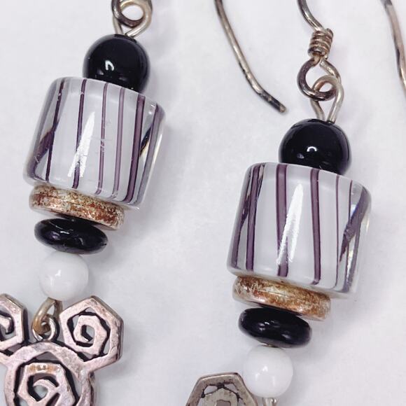 Sterling Silver Modernist Drop Earrings with Striped Black and White Glass Beads - Picture 7 of 11